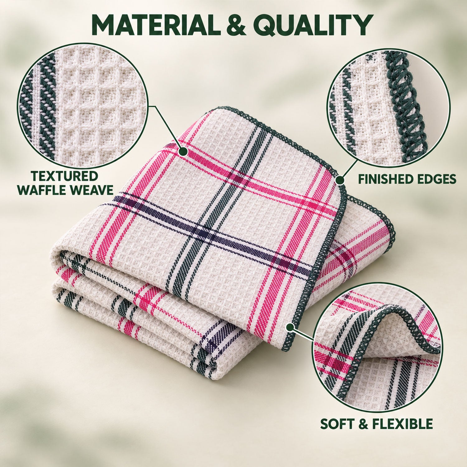 Two folded plaid dishcloths with close-up views of the waffle weave texture and finished green edges.