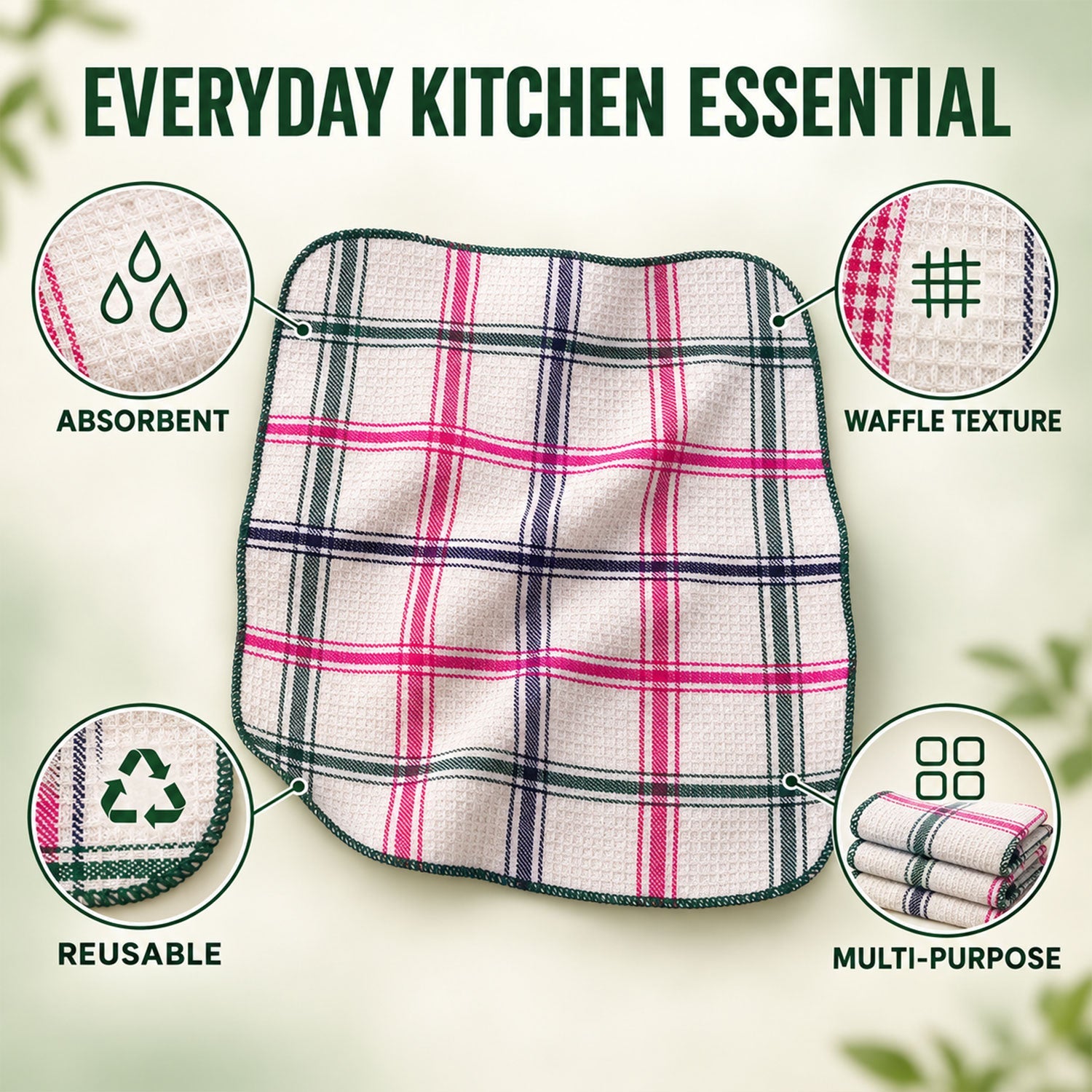 A single plaid dishcloth with close-ups highlighting its absorbency, waffle texture, reusability, and multi-purpose use.