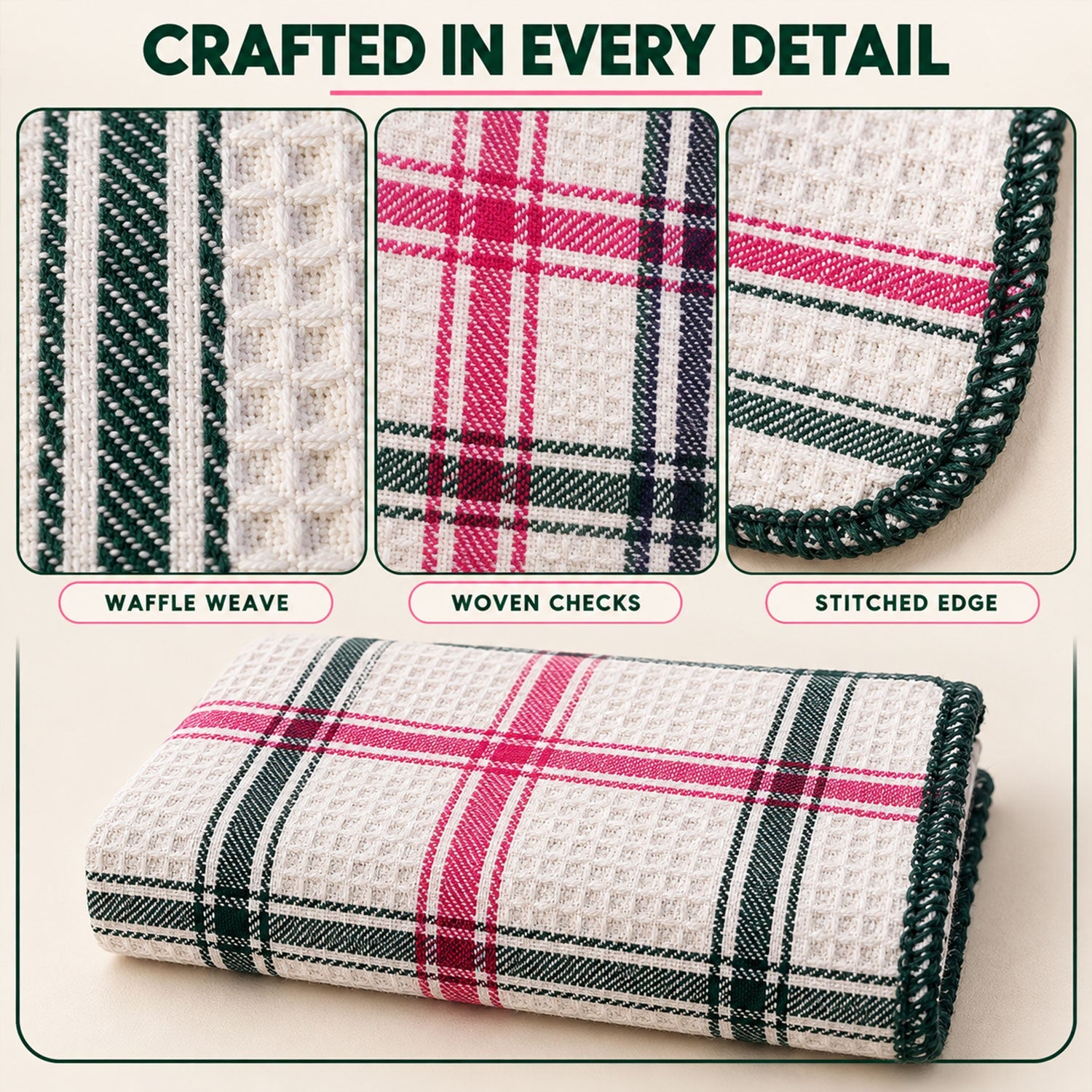 A folded plaid dishcloth with detailed views of its waffle weave, woven check pattern, and stitched green edge.