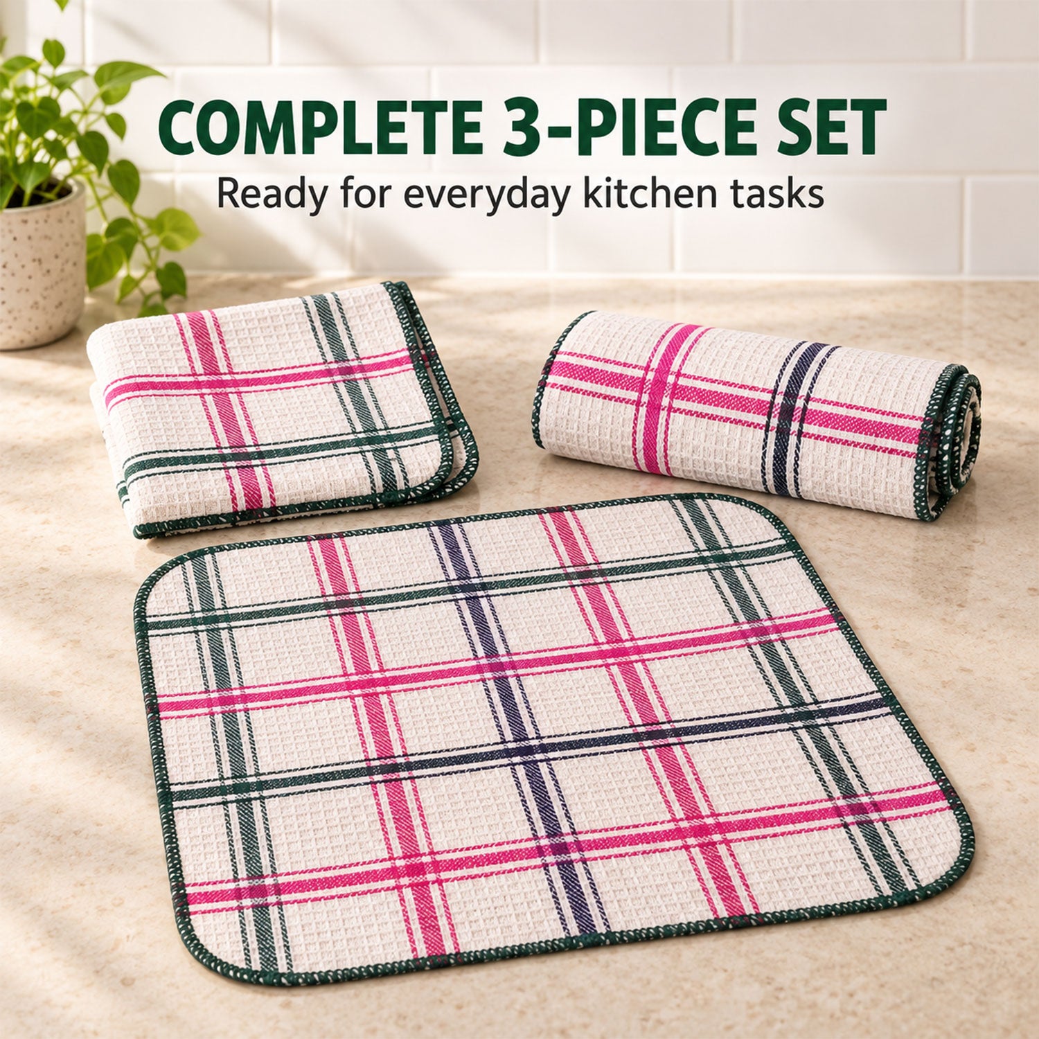 Three plaid dishcloths, one folded, one rolled, and one flat, are displayed on a kitchen counter.