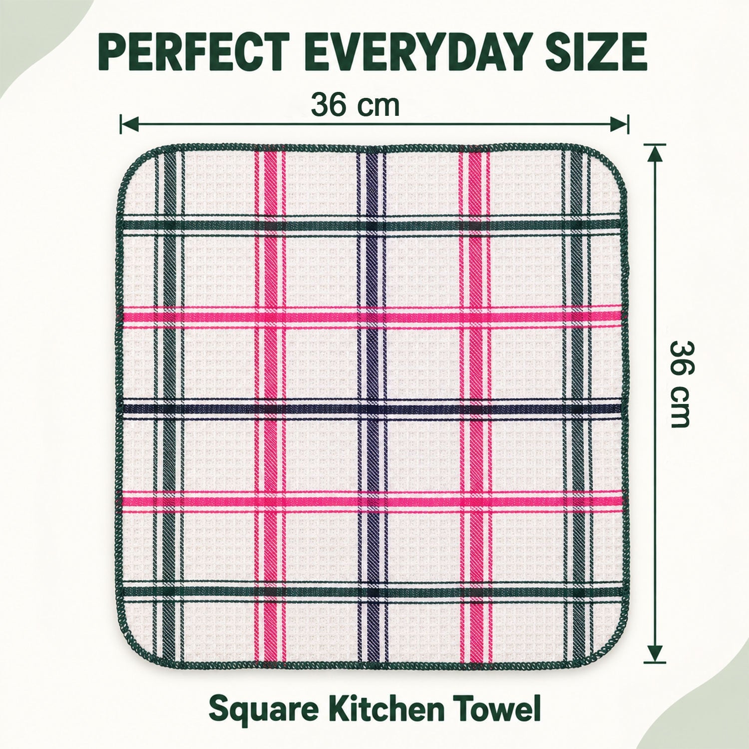 A single square plaid dishcloth with pink, green, and blue lines, showing its 36 cm by 36 cm dimensions.