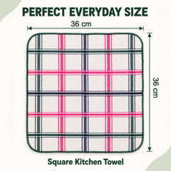A single square plaid dishcloth with pink, green, and blue lines, showing its 36 cm by 36 cm dimensions.