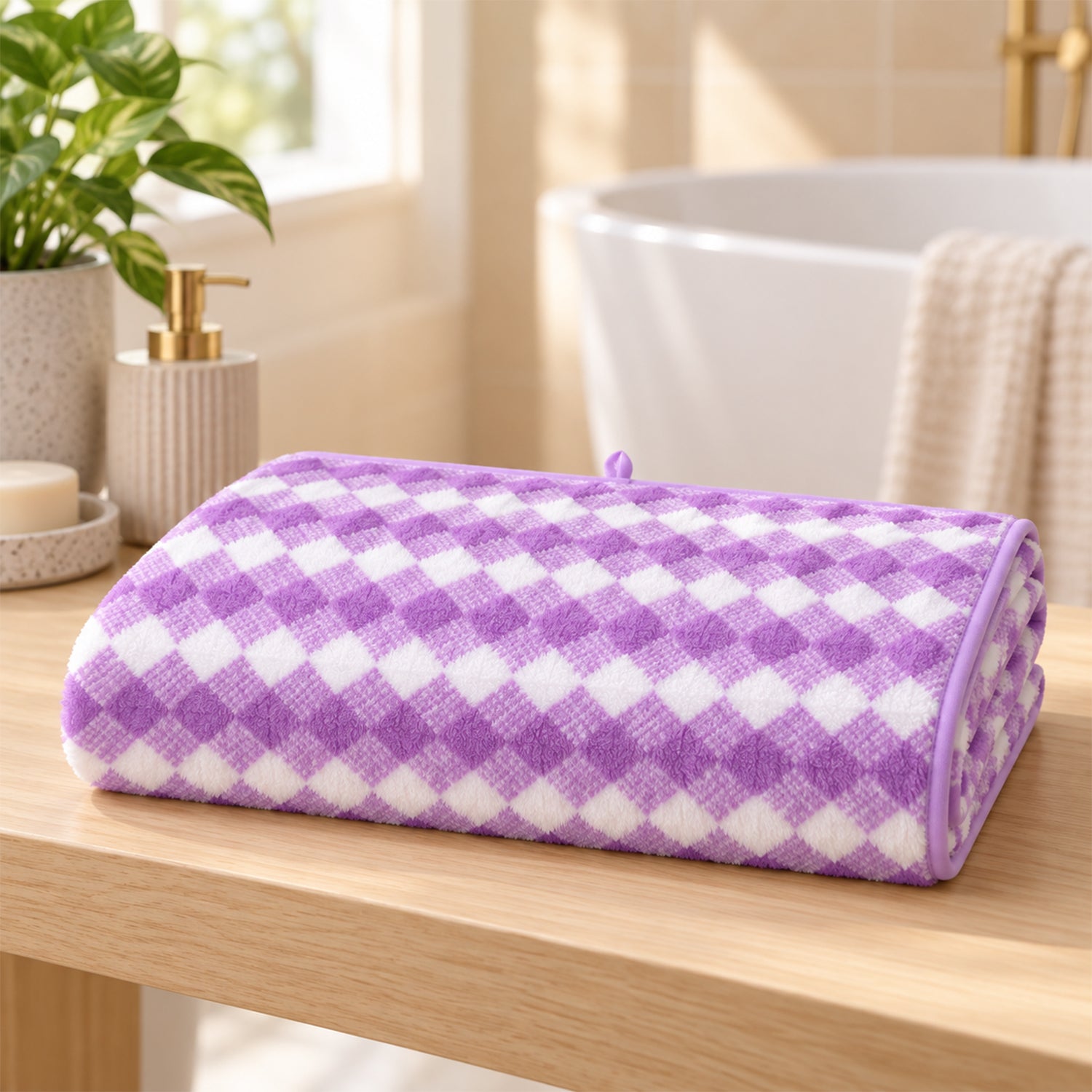 A neatly folded purple and white checkered towel resting on a light wooden countertop in a bright bathroom setting.