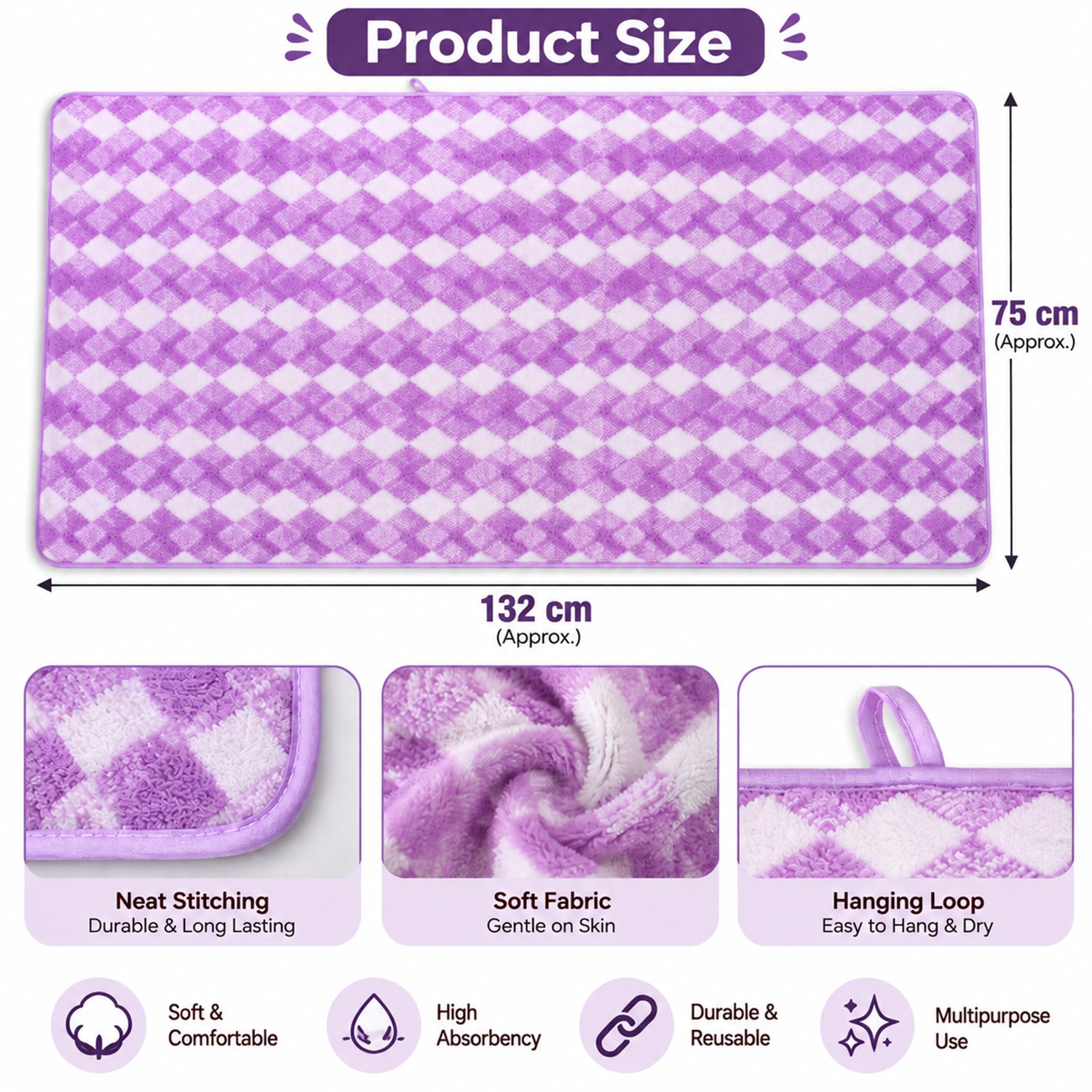 A graphic displaying the purple and white checkered towel's dimensions and key features like soft fabric and a hanging loop.