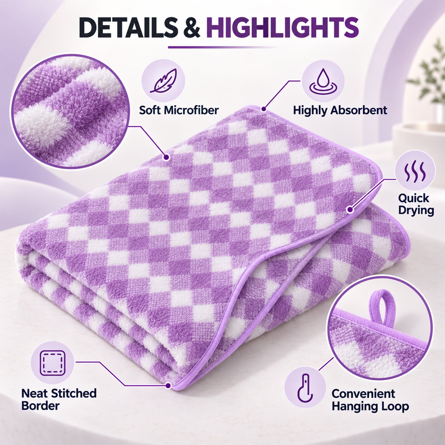 An infographic showcasing the towel's features including soft microfiber, high absorbency, and a convenient hanging loop.
