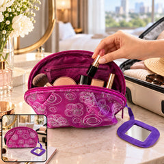 Floral cosmetic zipper pouch attached mirror