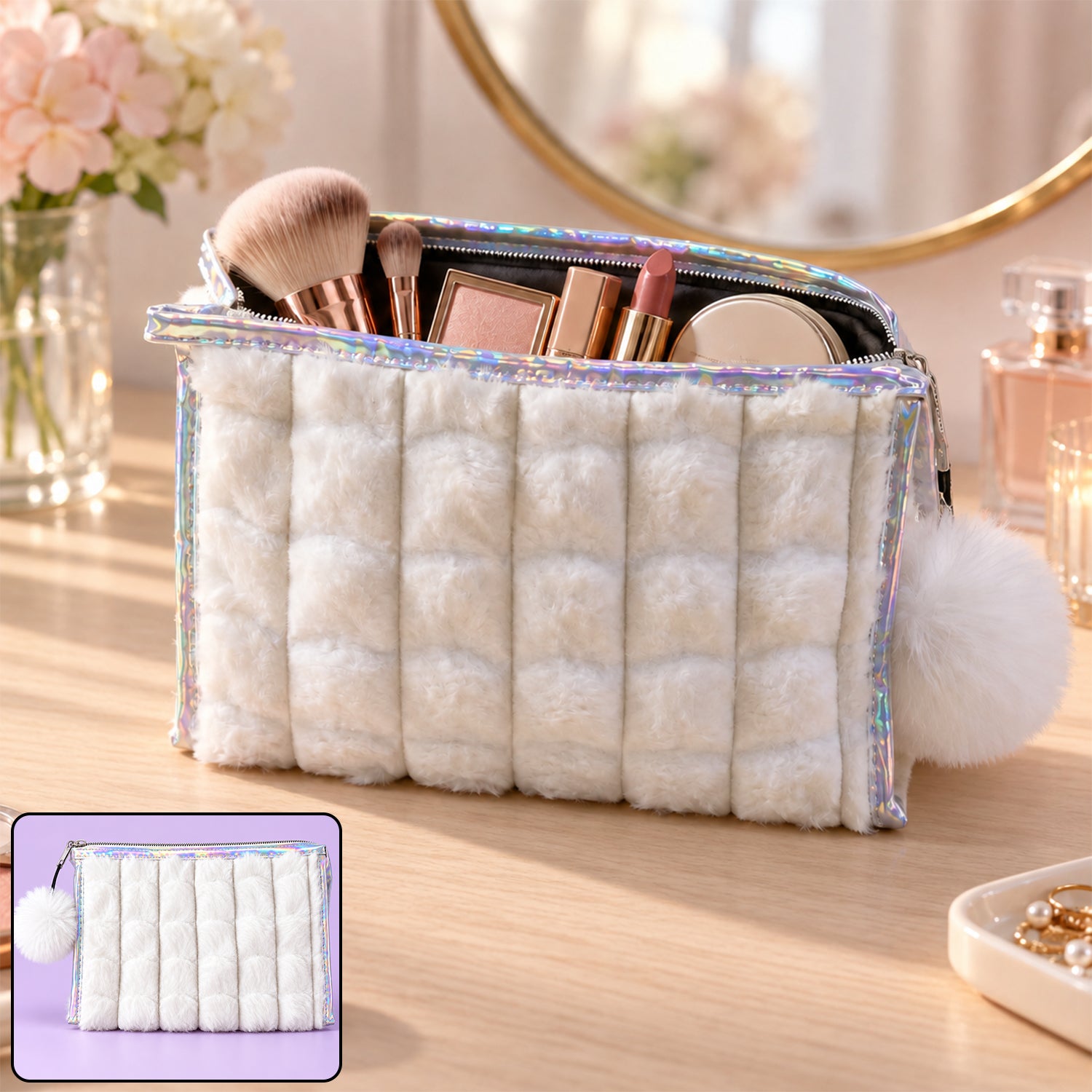 Plush makeup zipper pouch pom pom charm