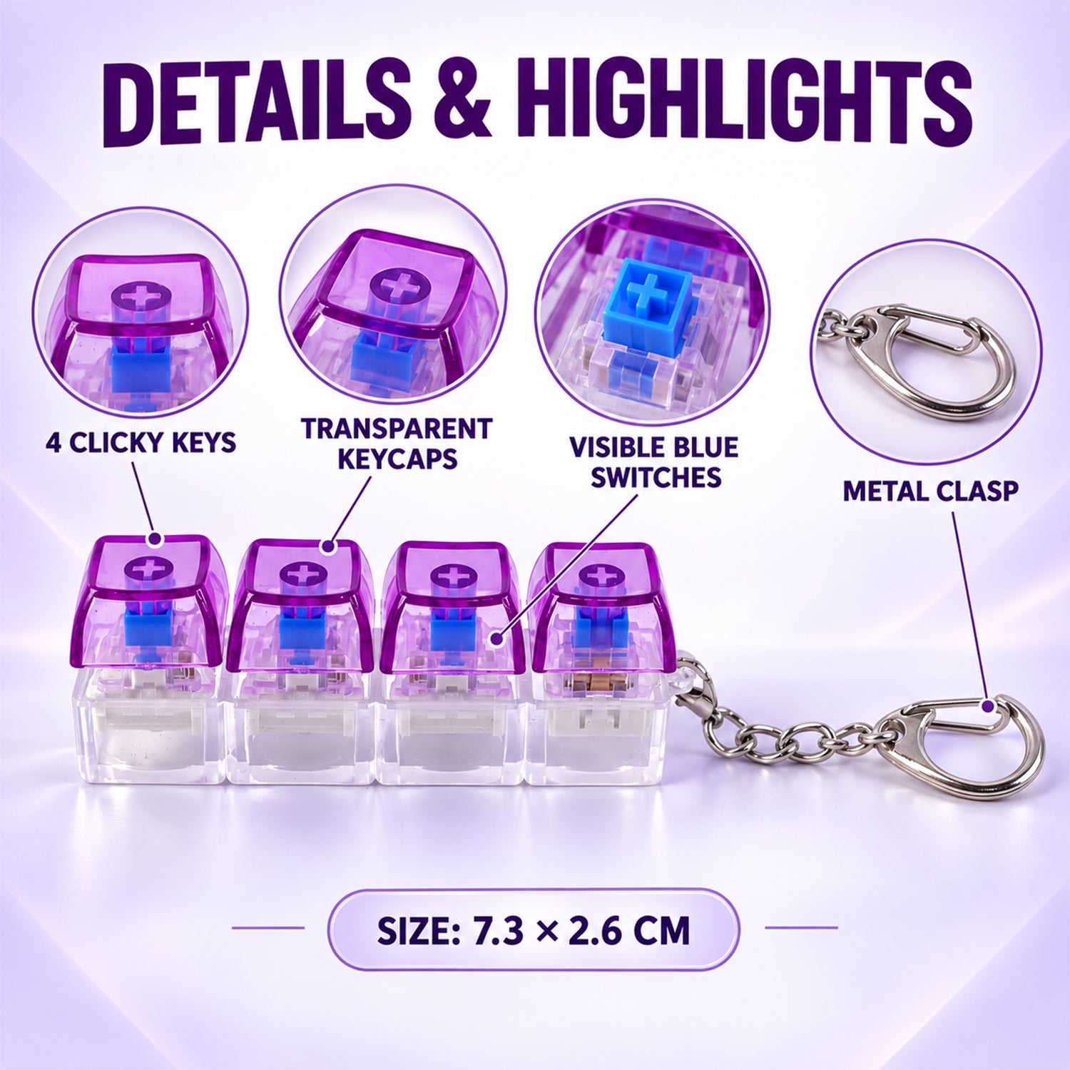 A graphic highlighting the features of the purple and clear four-key keyboard switch keychain, including size and details.
