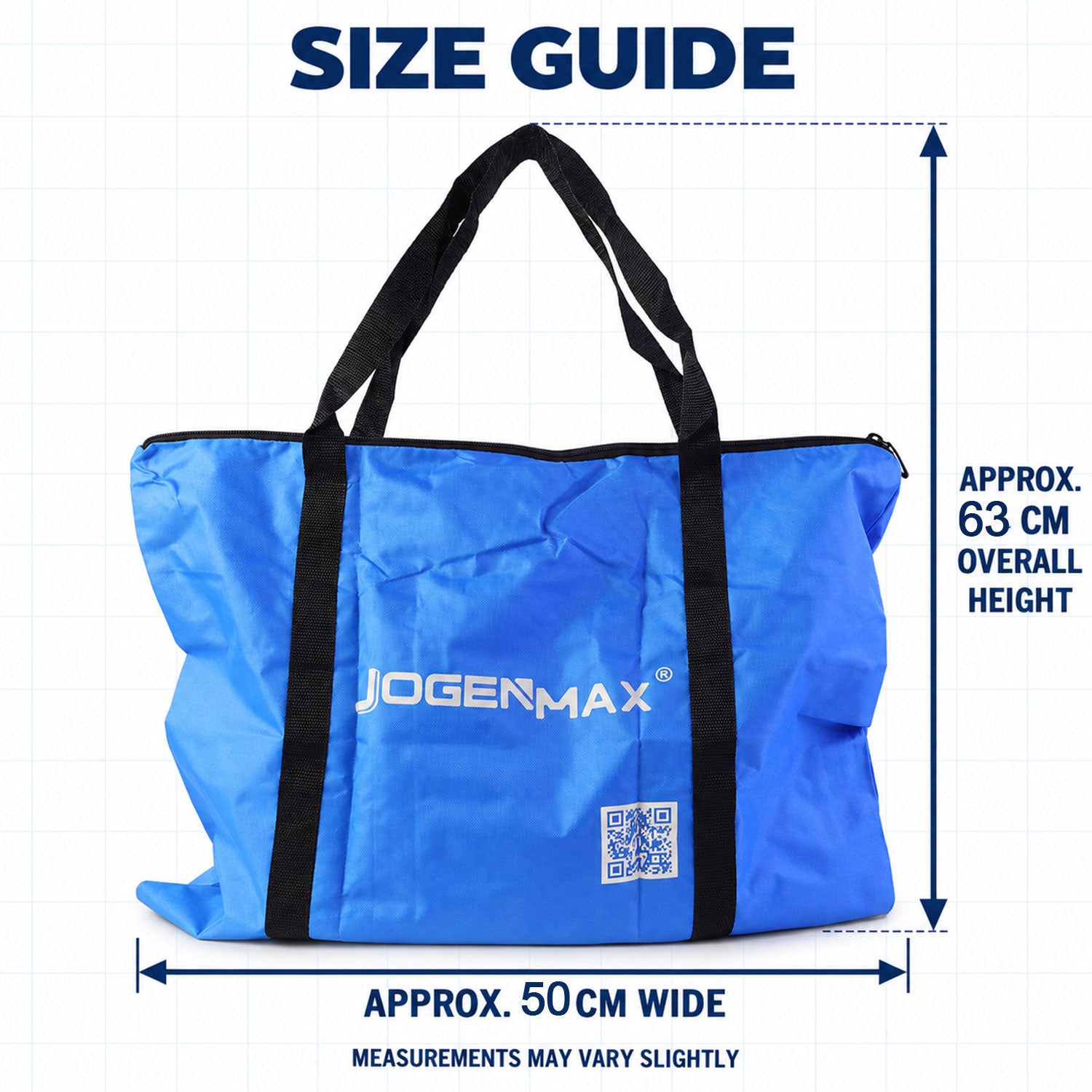 A blue JOGENMAX storage bag with black handles is shown with measurement overlays indicating its approximate width and