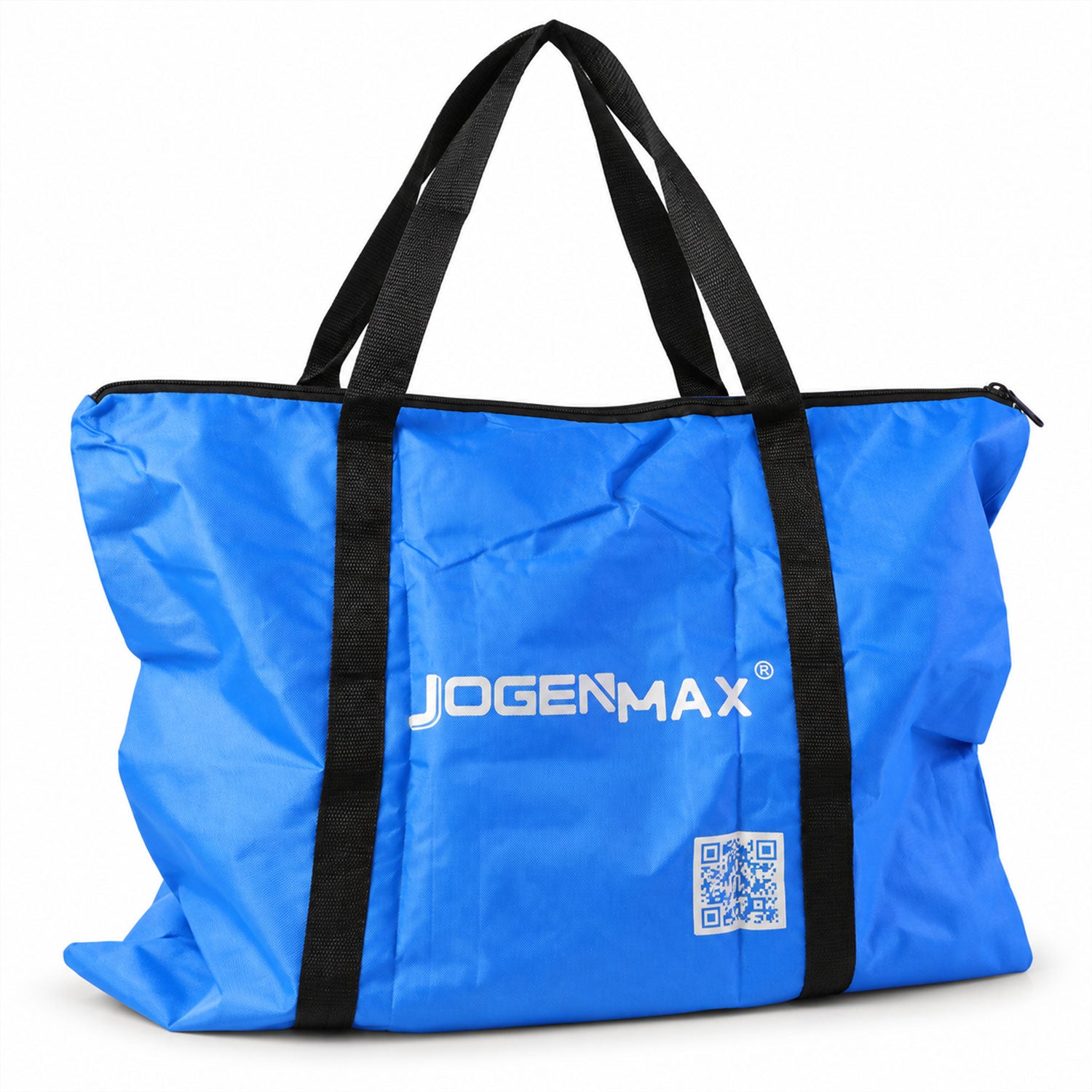 A large blue JOGENMAX storage bag with black handles and a black zipper closure is displayed against a white background.