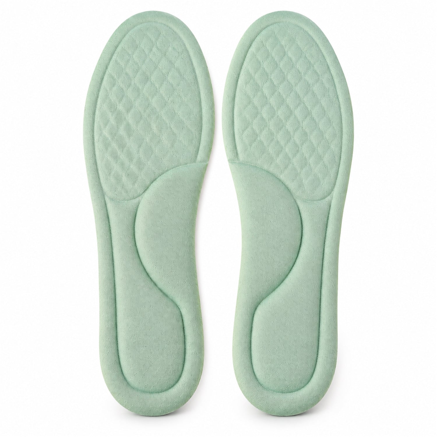 A pair of light green shoe insoles, featuring a textured forefoot and arch support, displayed against a plain white