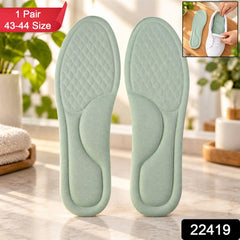 Two light green shoe insoles with diamond-patterned forefoot and arch support, on a bathroom counter with text overlay.