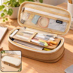An open beige canvas pencil case with pens, highlighters, and small stationery items inside, on a wooden desk.