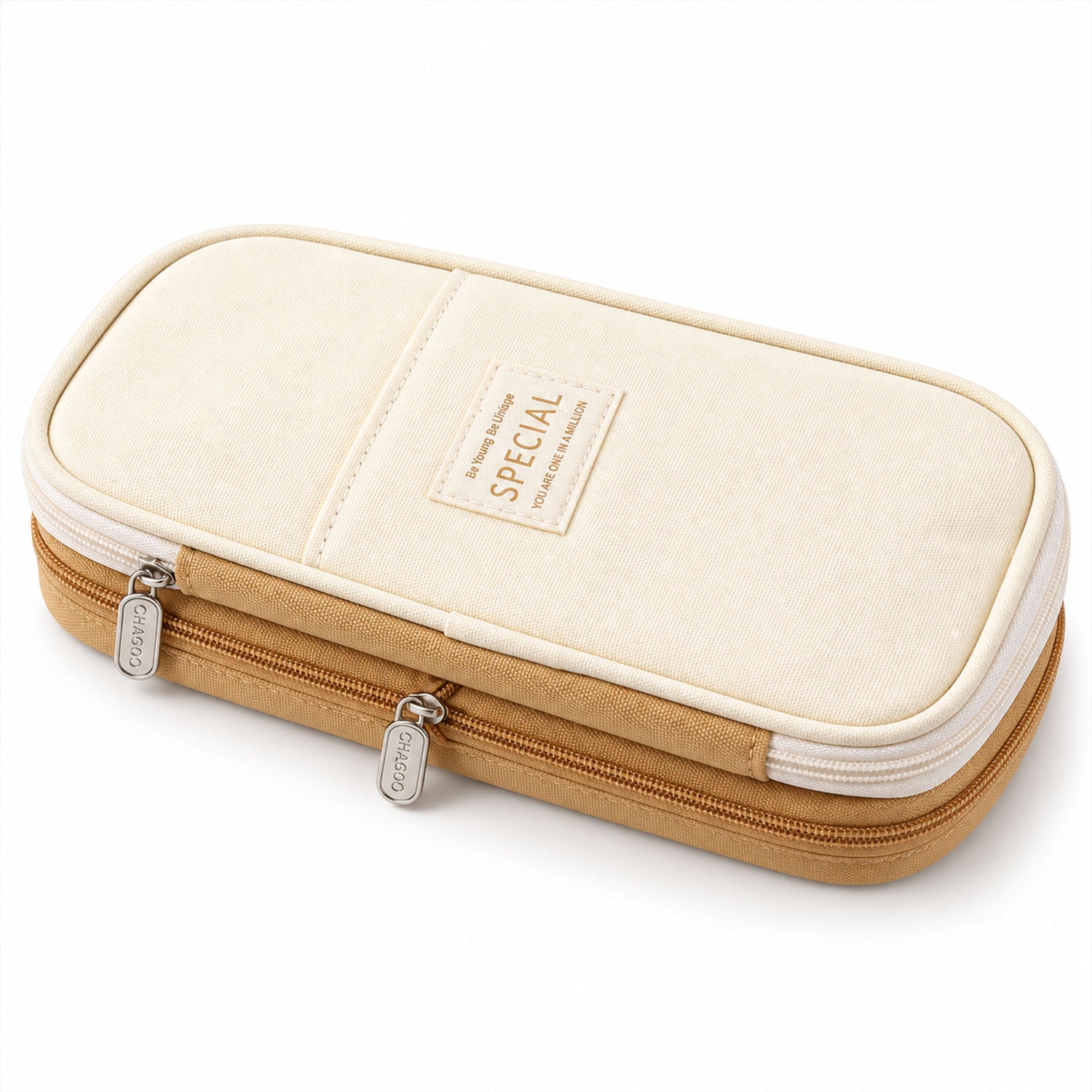 A closed, two-toned beige canvas pencil case with a
