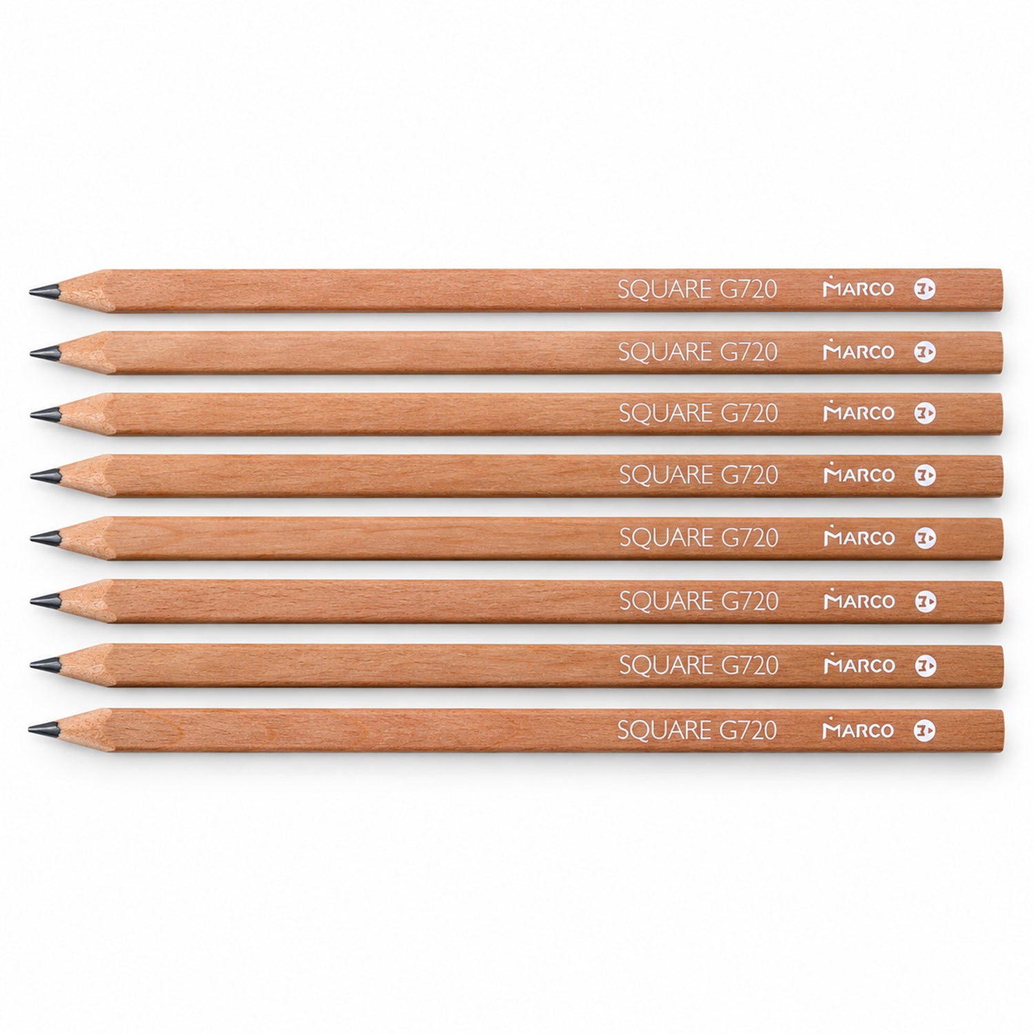 Eight light brown square body pencils with dark graphite tips are neatly arranged in a row on a white background.