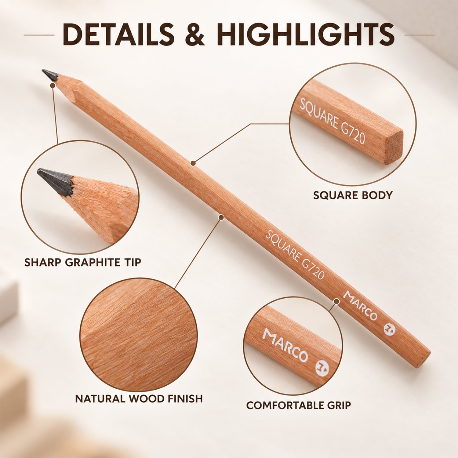 A single light brown pencil with callouts highlighting its sharp graphite tip, natural wood finish, square body, and