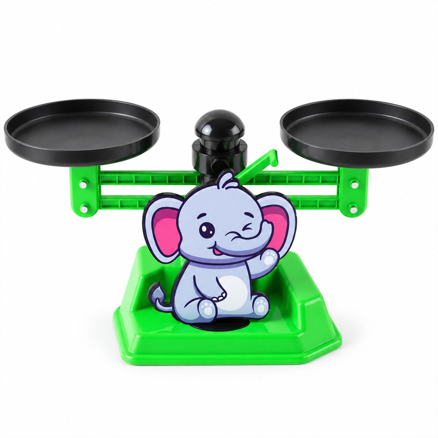 A green plastic elephant-themed math balance scale with two black weighing pans on a white background.