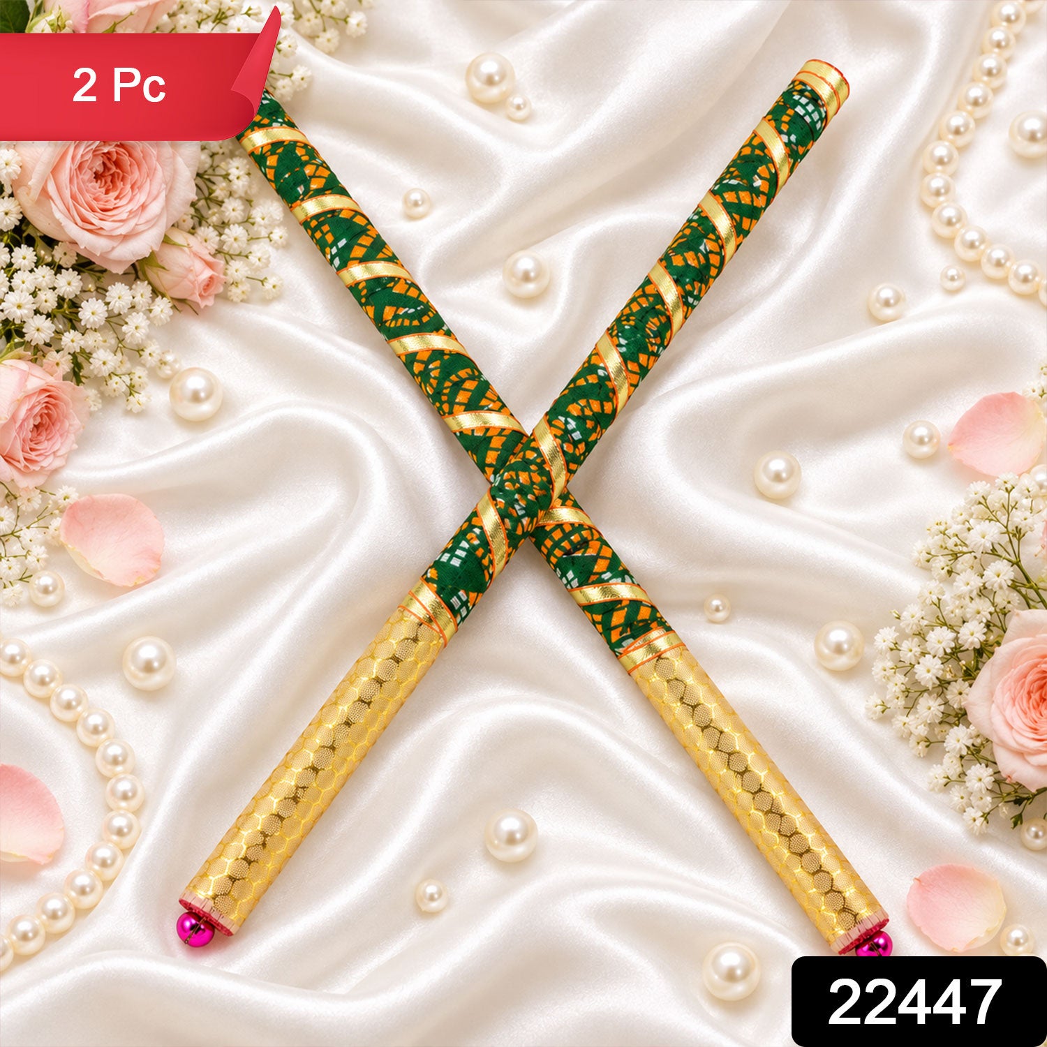 Decorative Wooden Base Dandiya Sticks with Bells for Navratri Garba Dance (2 Pc)