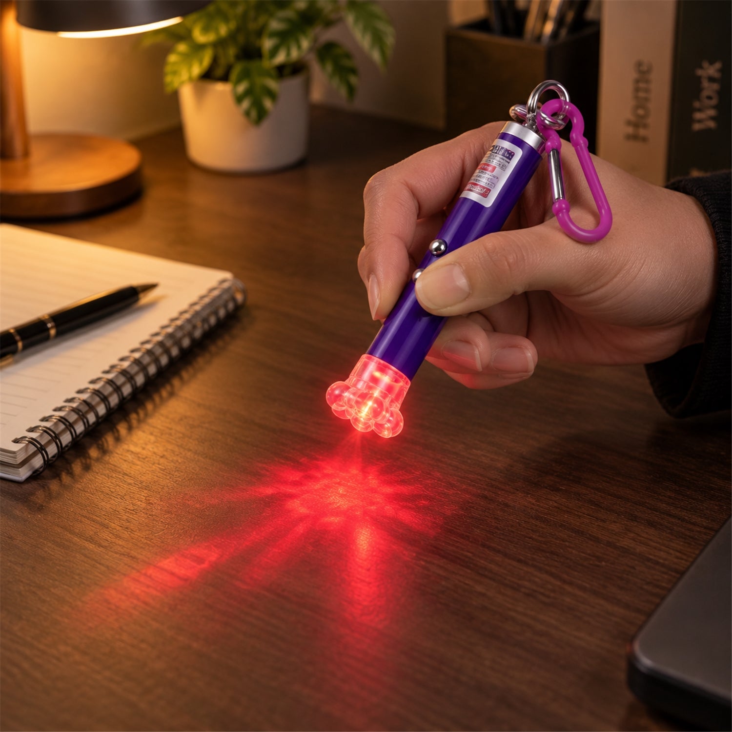 A hand holds a purple laser pointer keychain, projecting a red light onto a wooden desk beside a notebook.