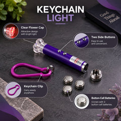 An exploded view of the purple laser pointer keychain shows its components: flower cap, buttons, clip, and three button-cell