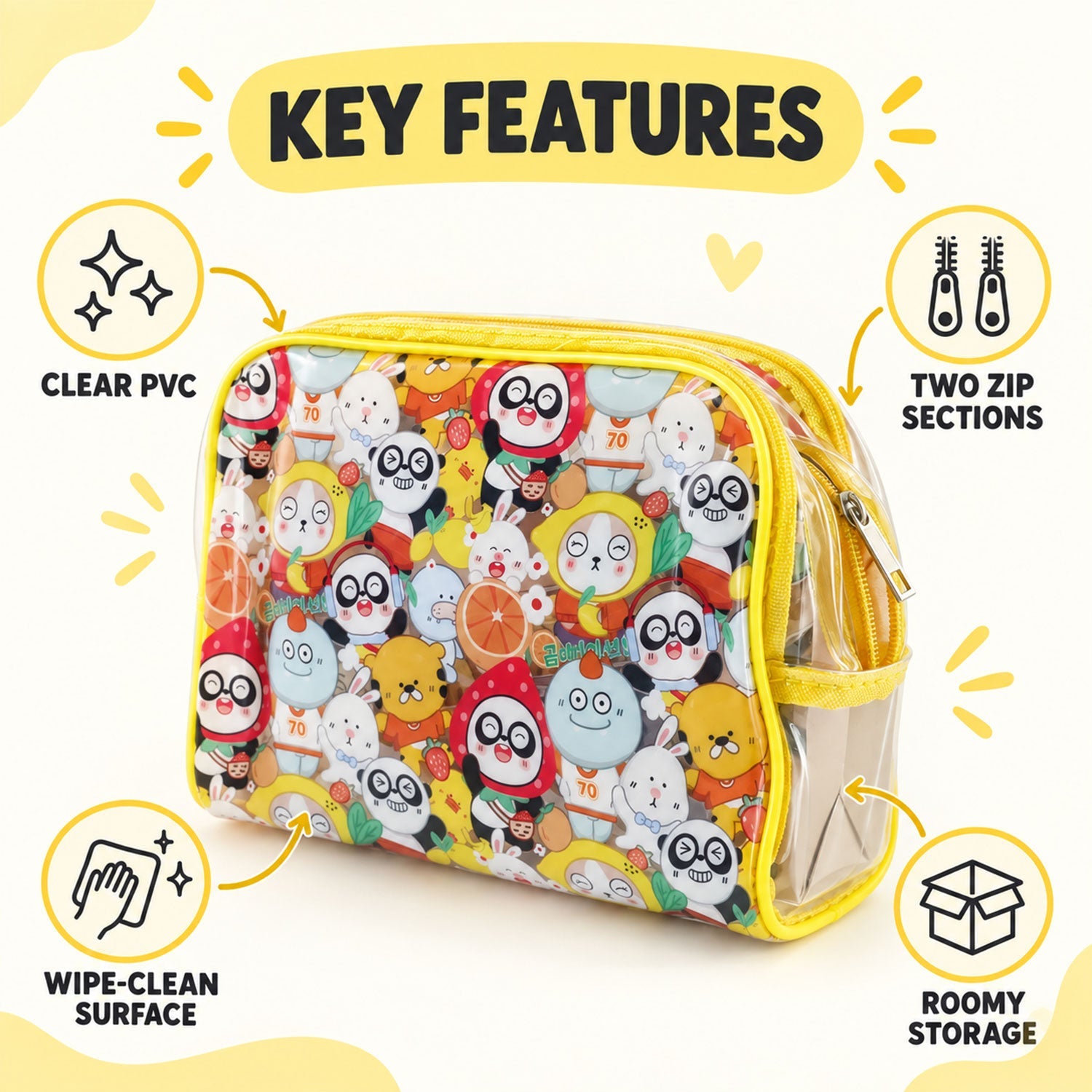 Cosmetic pouch zip sections detail