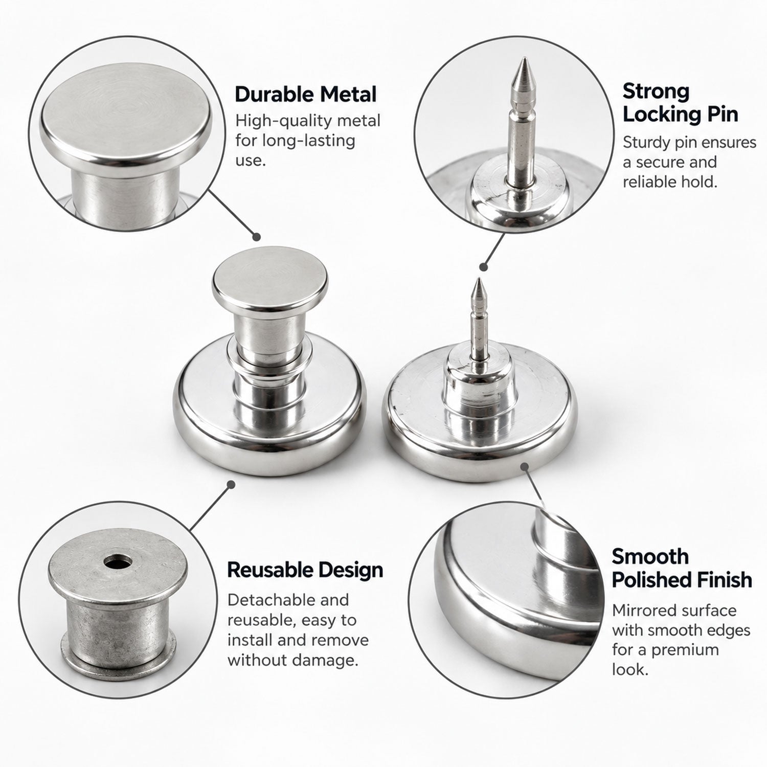 Metal magnetic push pin clip for adjustable clothing fit - view 03