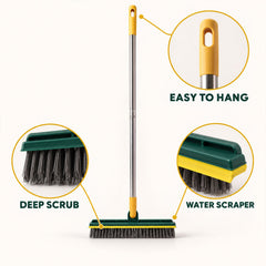A full view of the green and yellow scrub brush with three circular insets highlighting the deep scrub, water scraper, and