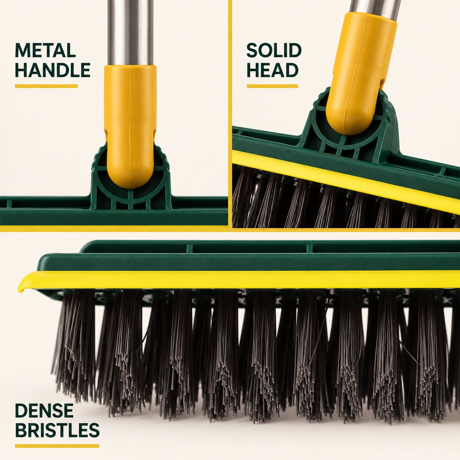 Close-up views of the green and yellow scrub brush head, showing the metal handle, solid head, and dense bristles.