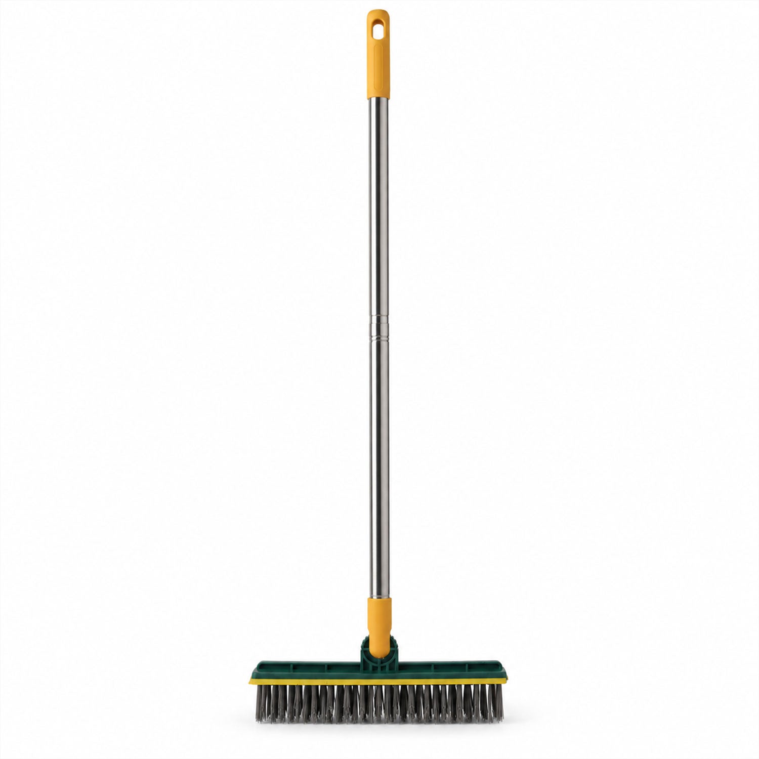 A full, front view of the green and yellow scrub brush with a metal handle on a plain white background.