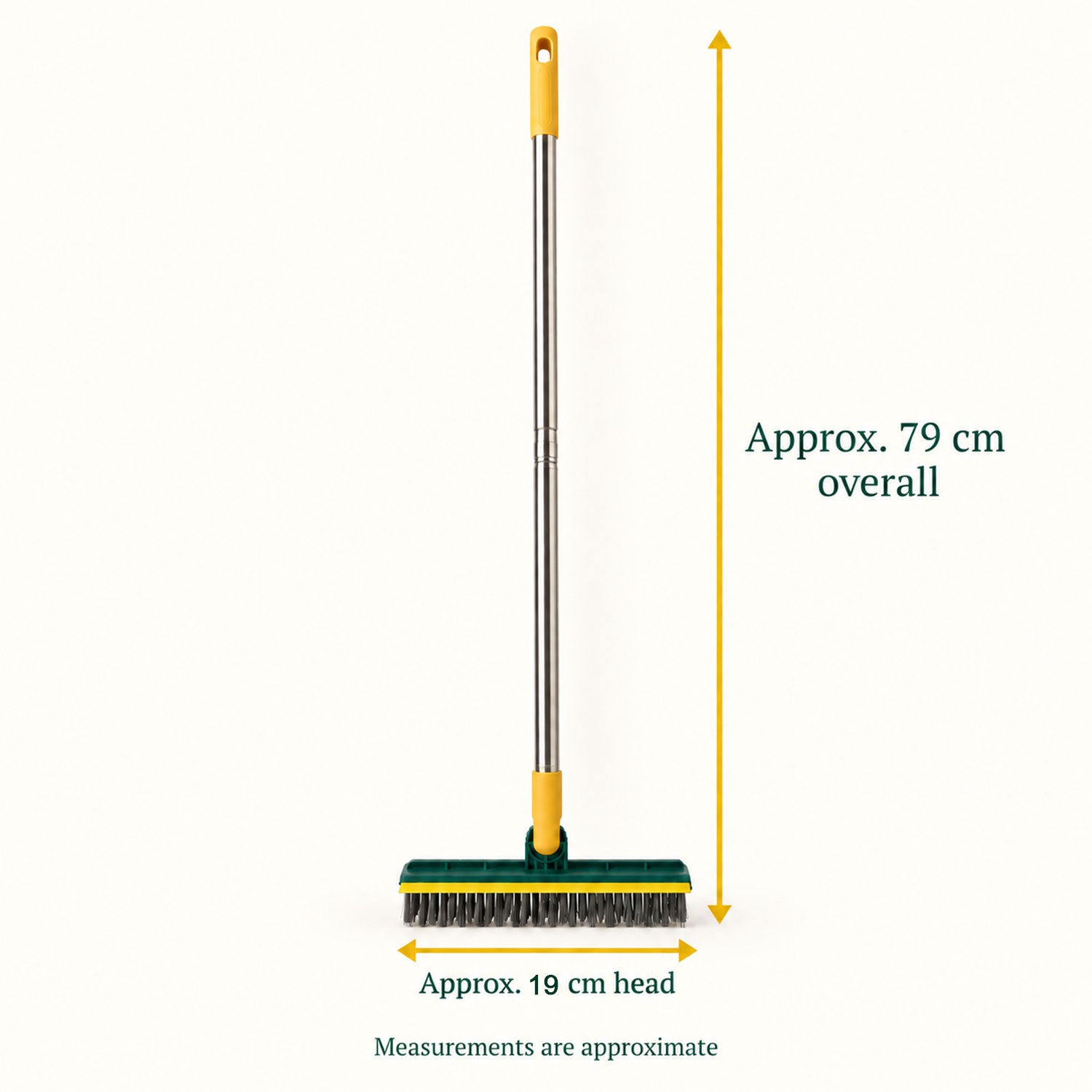 A full, front view of the green and yellow scrub brush with measurement arrows indicating 79 cm overall and 19 cm head.