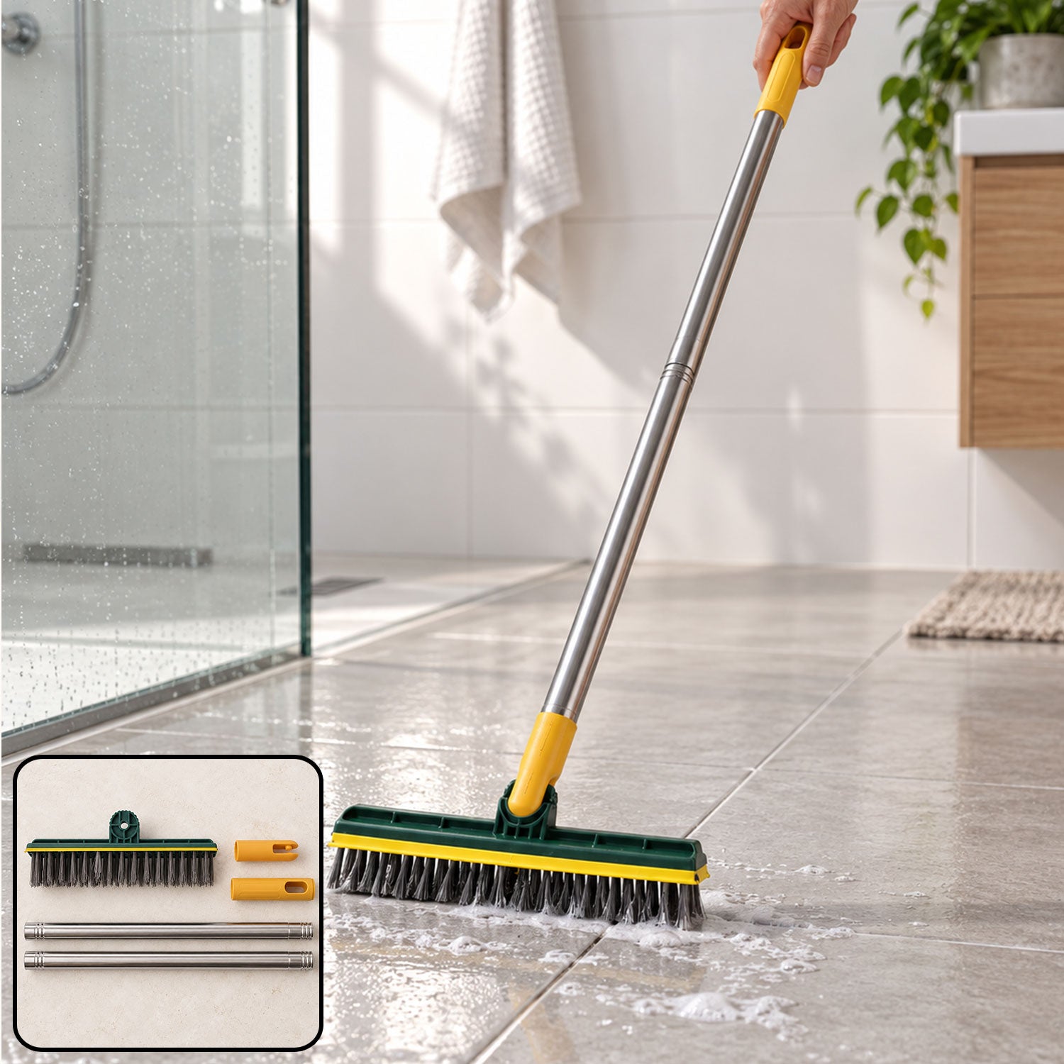A person's hand holds the yellow handle of the green and yellow scrub brush, cleaning a tiled bathroom floor with suds.
