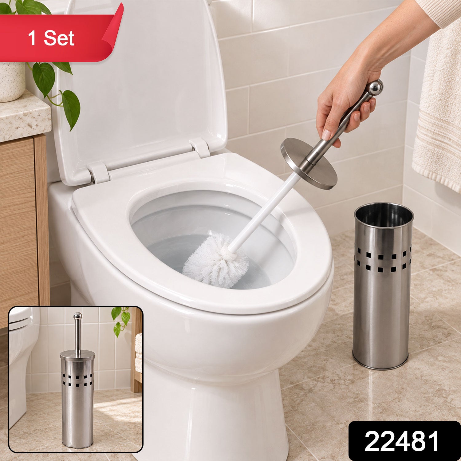 Steel Toilet Brush Holder Set for Bathroom, Covered Toilet Cleaner Stand (1 Set)