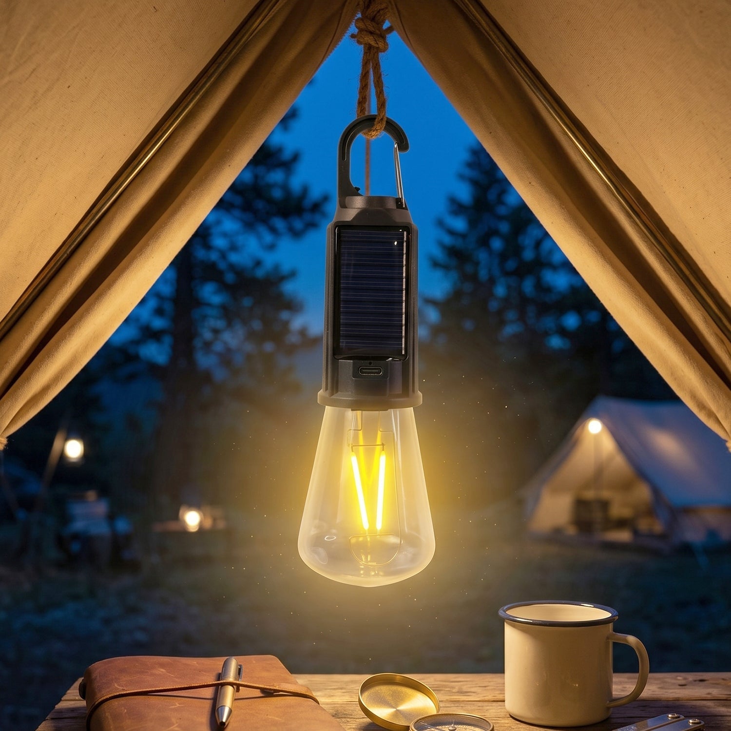 Solar camping lamp illuminating an outdoor tent