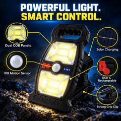 A black solar motion sensor clip light with multiple features highlighted, including dual COB panels and solar charging.