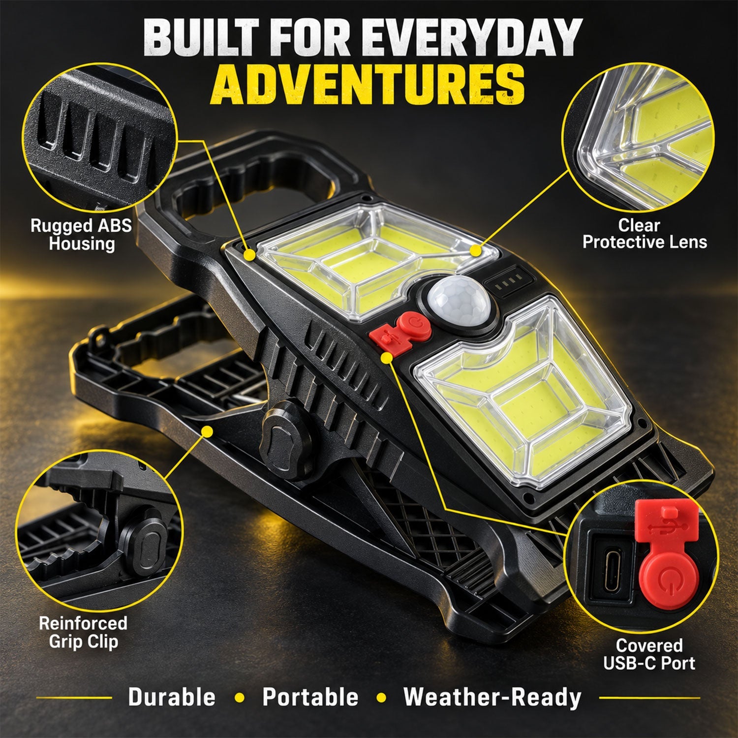 A close-up of the black solar motion sensor clip light, highlighting its rugged ABS housing, clear lens, and reinforced grip.
