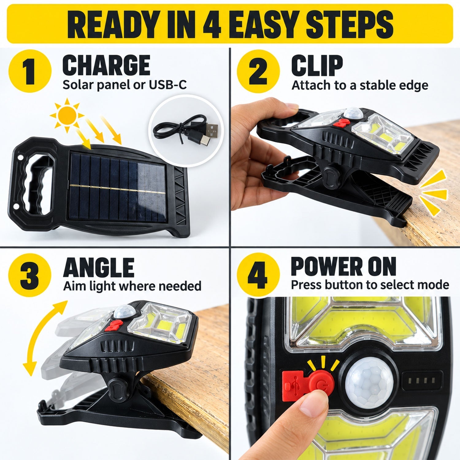Four steps showing how to use the solar motion sensor clip light: charge, clip, angle, and power on.