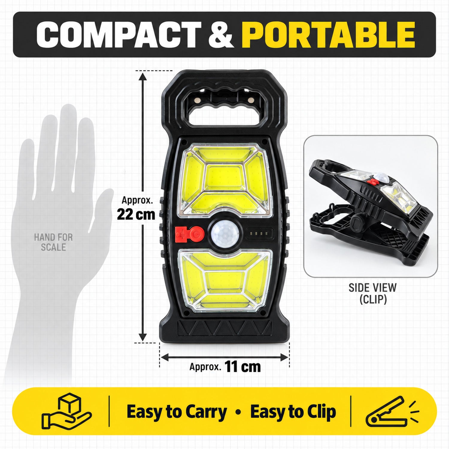 A black solar motion sensor clip light with dimensions of 22cm by 11cm, next to a hand for scale and a side view of its clip.