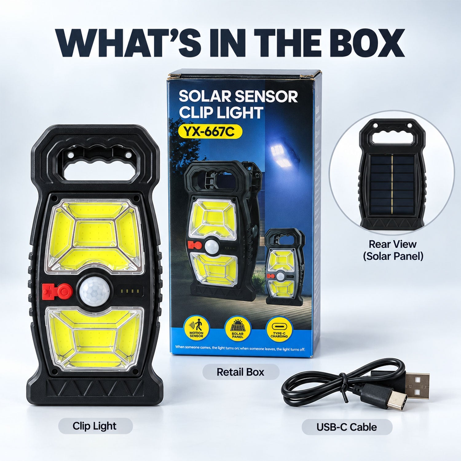 Contents of the box: a black solar sensor clip light, its retail packaging, and a USB-C charging cable.