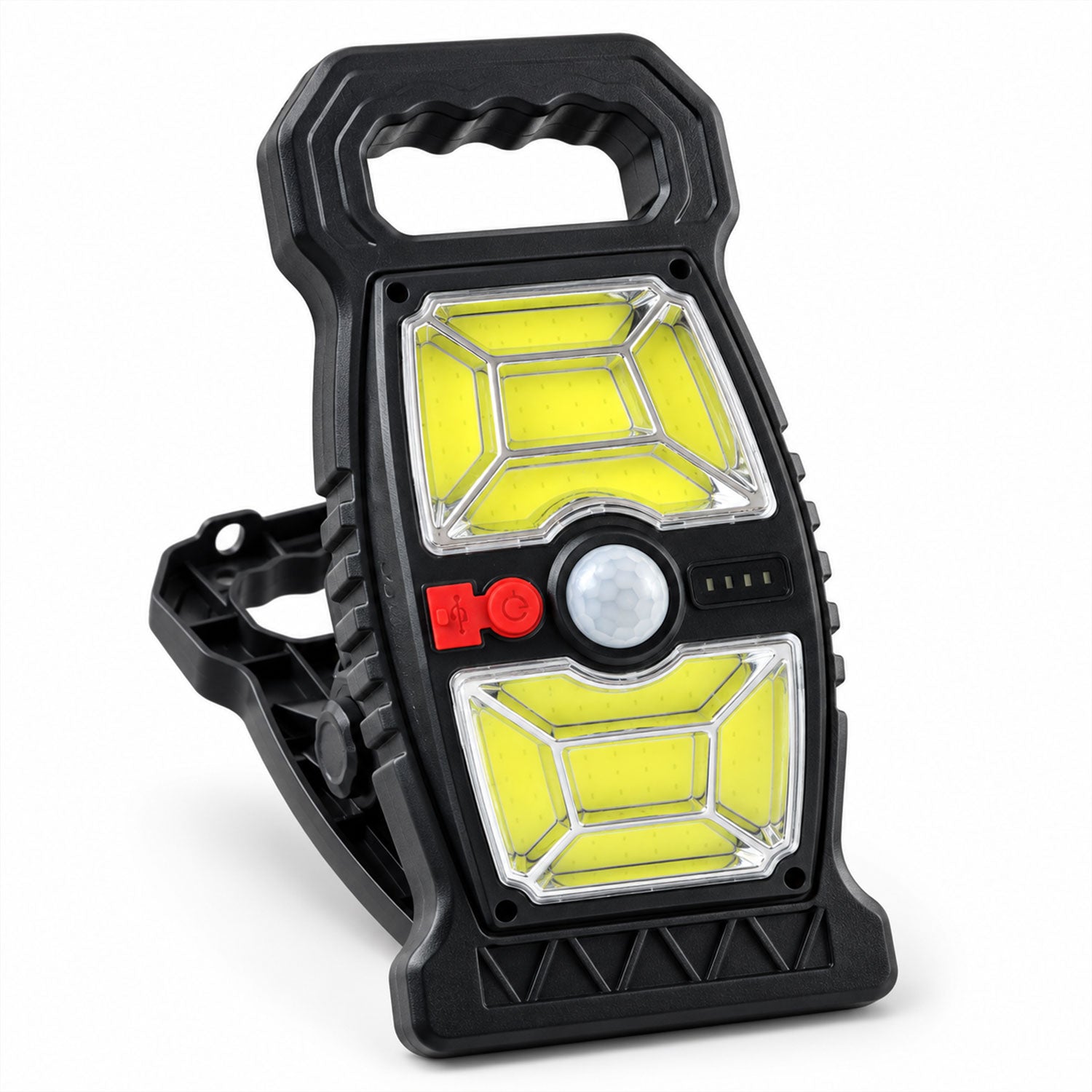A black solar motion sensor clip light with a handle and yellow light panels stands on a white surface.