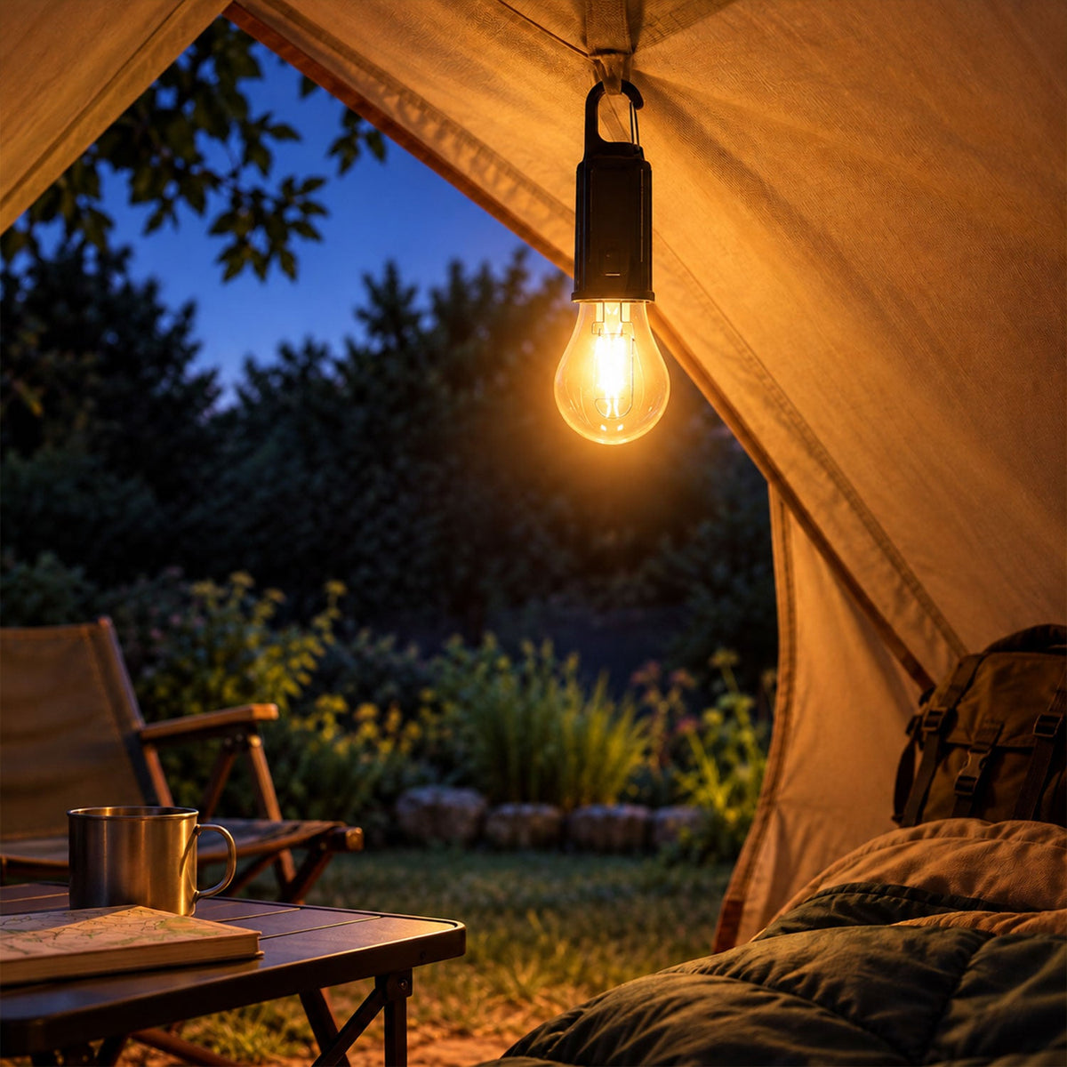 A bright LED bulb hangs inside a tent, illuminating a camping scene at dusk with a chair and table outside.
