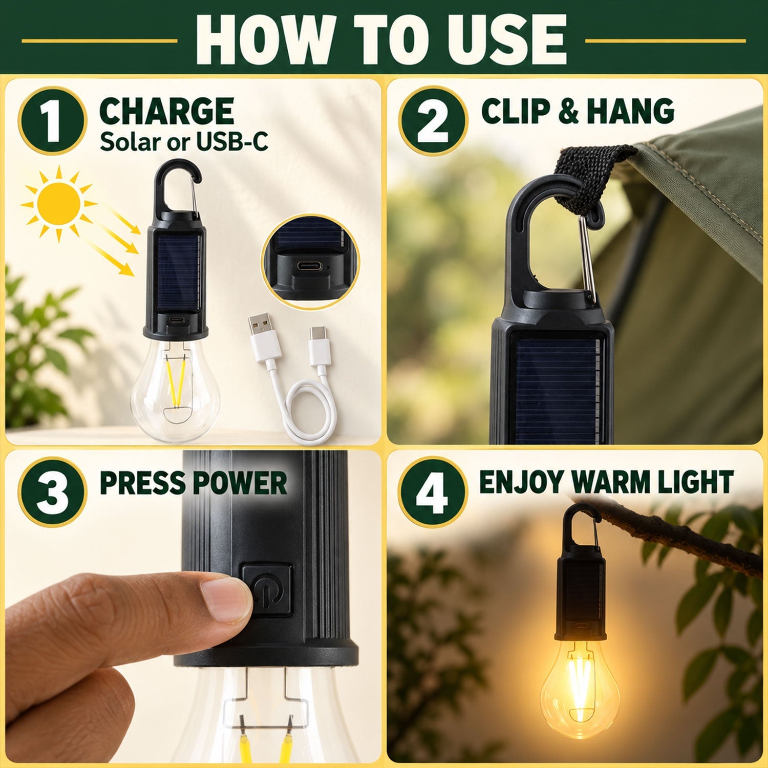 Four step-by-step instructions for using the light: charge, clip, press power, and enjoy warm illumination.