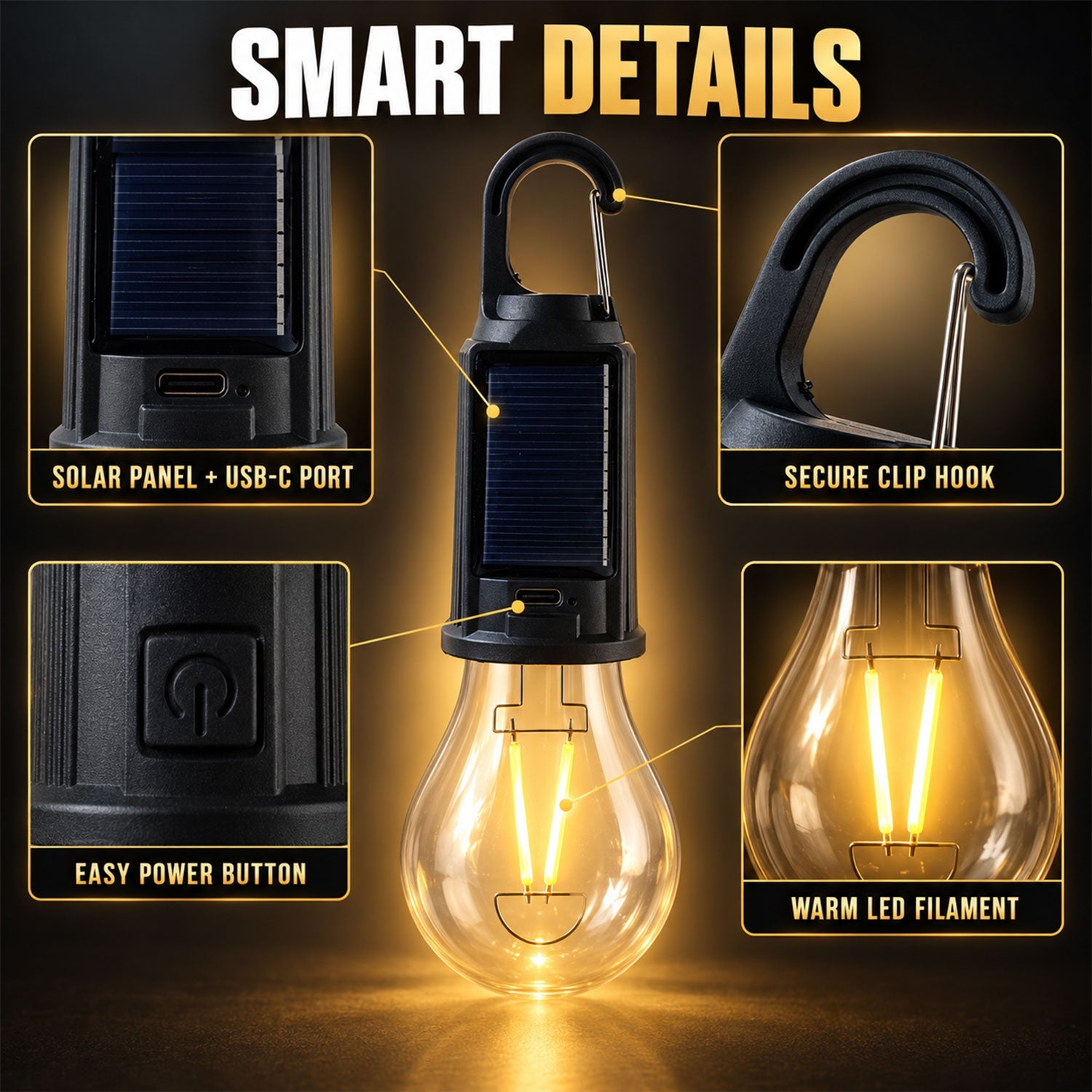 Detailed view of the black and clear camping light, highlighting its solar panel, USB-C port, power button, and warm LED