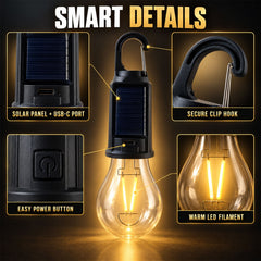 Detailed view of the black and clear camping light, highlighting its solar panel, USB-C port, power button, and warm LED