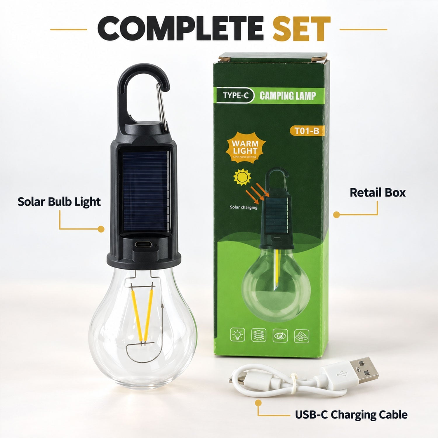 The solar bulb light, its retail box, and a USB-C charging cable are arranged together on a white surface.