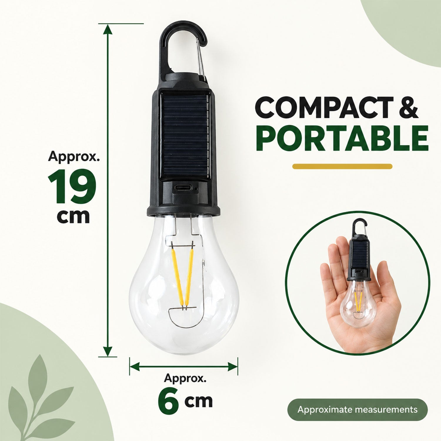 The camping light's dimensions are displayed next to it, showing its length of 19 cm and width of 6 cm, with a hand holding