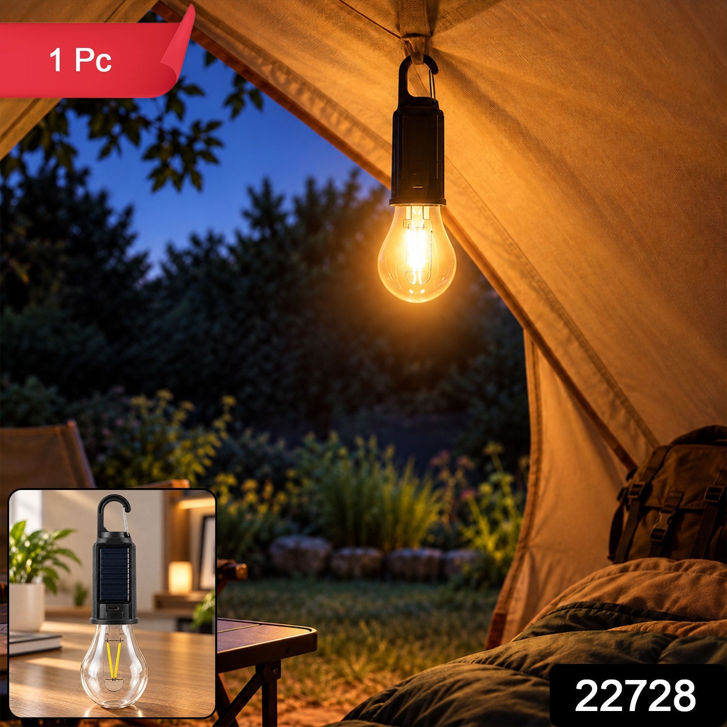 A glowing LED bulb hangs inside a tent at dusk, with a small inset showing the bulb on a table indoors.