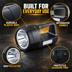 A black torch with a large front light and a side panel light, highlighting its durable plastic body and handle.