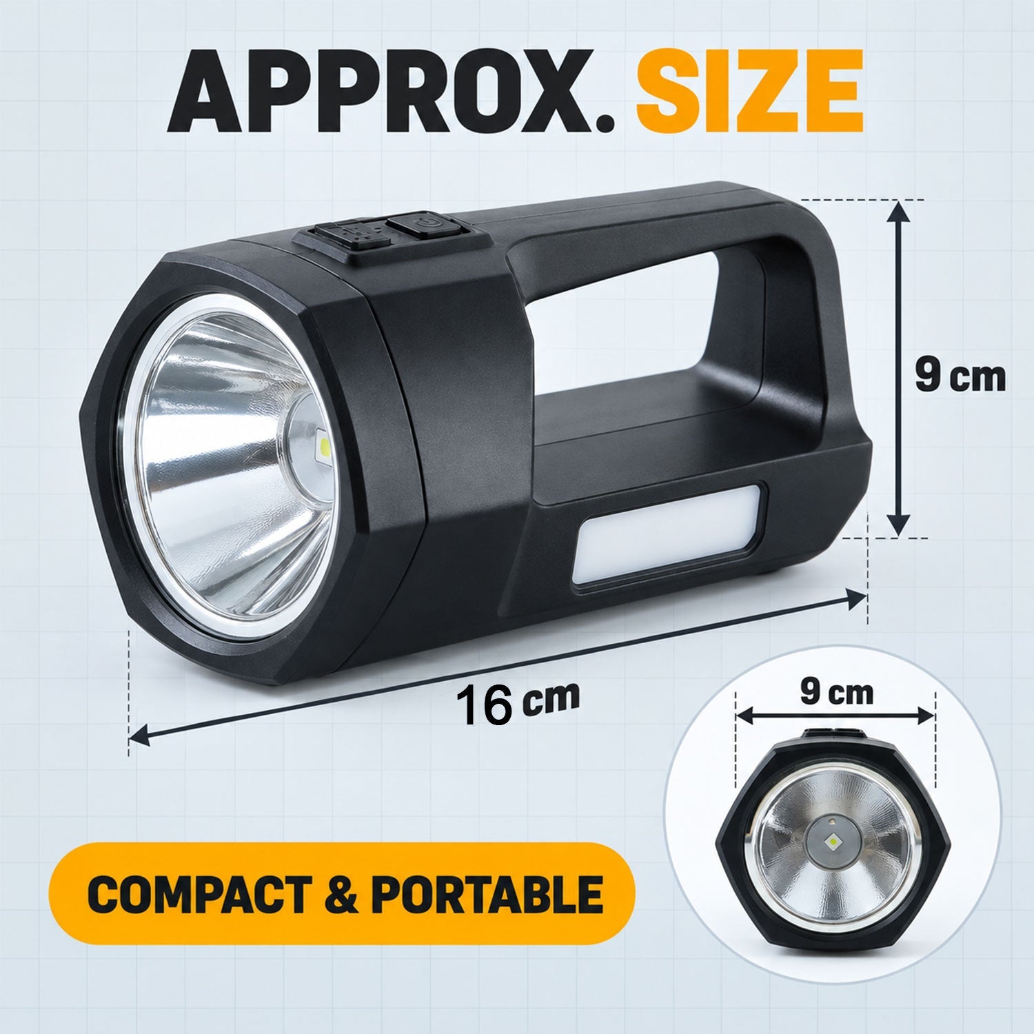 A black torch displaying its dimensions: 16 cm in length and 9 cm in height and width, indicating compact size.