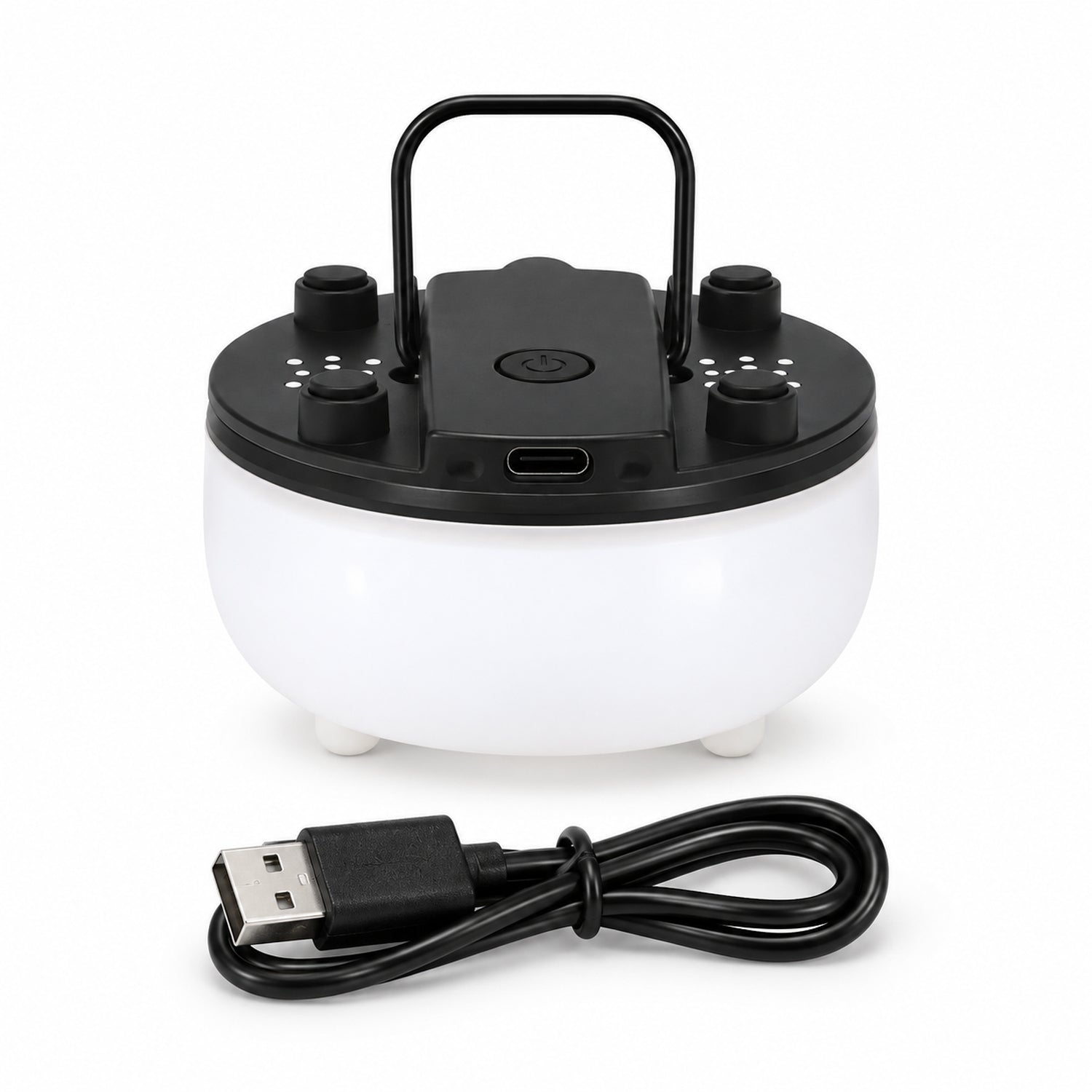 A white and black portable night light with a handle and a coiled USB charging cable on a white background.