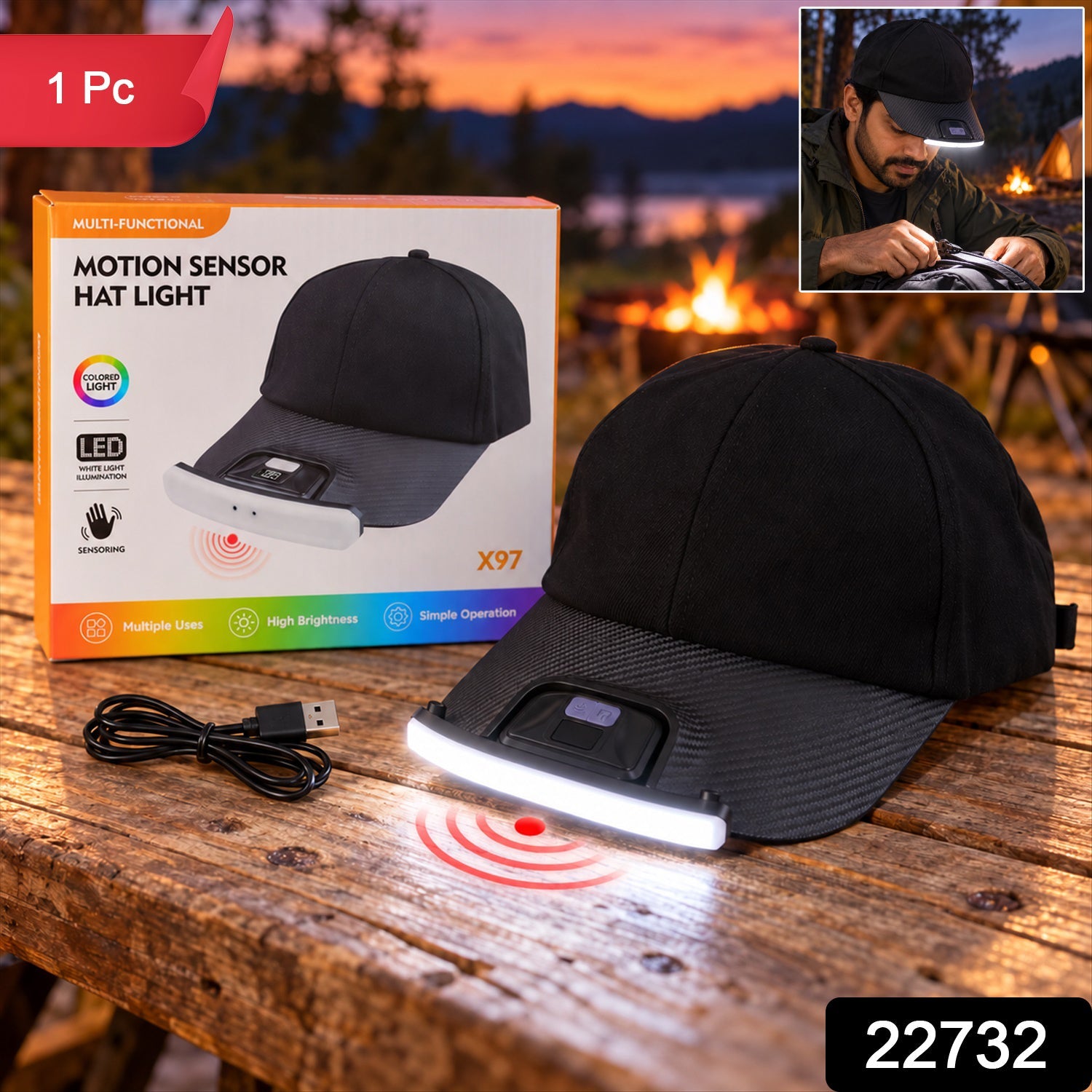 A black baseball cap with an LED light, product box, and USB cable on a wooden table; a small inset shows a man wearing the